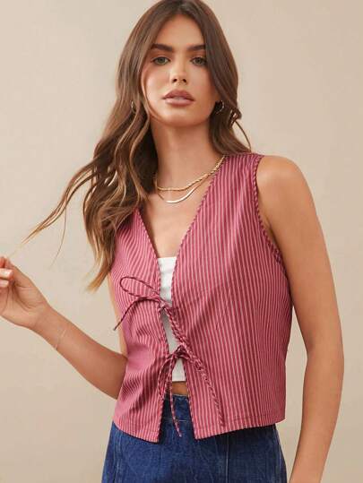 WESTFADE 夏用 ストライプ Vネック リボン前開きタンクトップ