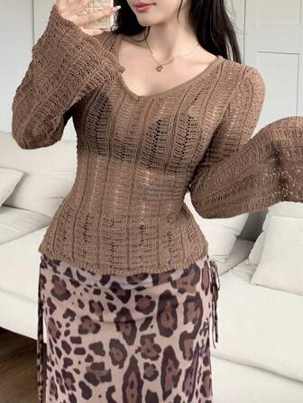 Mulvari Women's Sexy Semi-Sheer Bell Sleeve Pointelle Knit Slim Fit Sweater