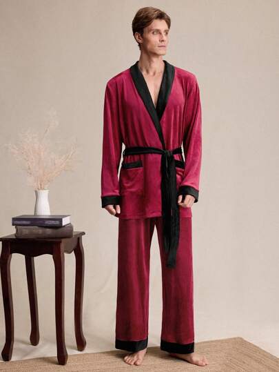 SHEIN EverLounge 2pcs/Set Men's Comfortable Contrast Trim Dual Pocket Top And Pants Loungewear Set, Autumn