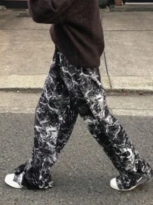 FRIFUL Pantalones casuales para mujer con bolsillo de cordón y estampado completo
