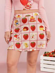 Strawberry Shortcake X SHEIN Summer Sweet And Cute Style Strawberry Pattern Pink Stretch Skirt