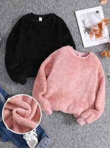 SHEIN Leap Crew Tween Girl Solid Drop Shoulder Pullover Sweatshirt 2 Pieces/Set For Daily Wear In Fall/Winter - Multicolor - View 1