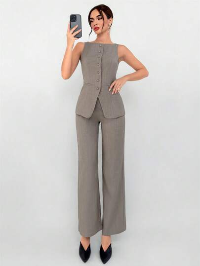 Aloruh Conjunto de traje de oficina para mujer: Blazer con decoración de solapa de color caqui y bolsillos falsos, y pantalones, otoño/invierno