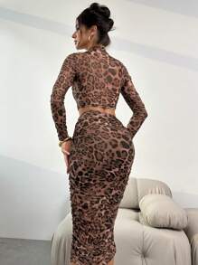 Firerie 2pcs Women Summer Autumn Sexy Elegant Leopard Print Mesh Bodycon Long Sleeve Crop Top And High Waist Ruched Skirt Set
