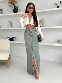 RueChic WOMEN MAXI DENIM SKIRT SLASH DETAIL - Medium Wash - View 3