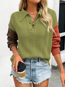 SHEIN LUNE Áo len nữ mùa thu đông phối màu, chất liệu dệt thô, cổ áo cài nửa khuy. - màu xanh lá - Xem 4