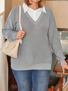 大码女式休闲纯色落肩毛衣，秋季针织套头衫 - 灰色 - 查看 3