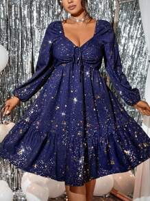 Allurite 大码时尚金箔面料连衣裙，秋季 - 藍色 - 查看 4