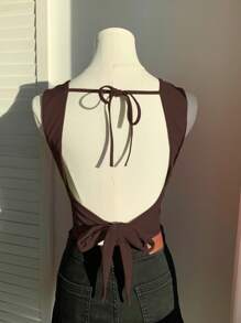 Comfortcana Chocolate Brown Square Neck Backless Tie Strap Knit Cami Top, Summer - Chocolate Brown - View 5