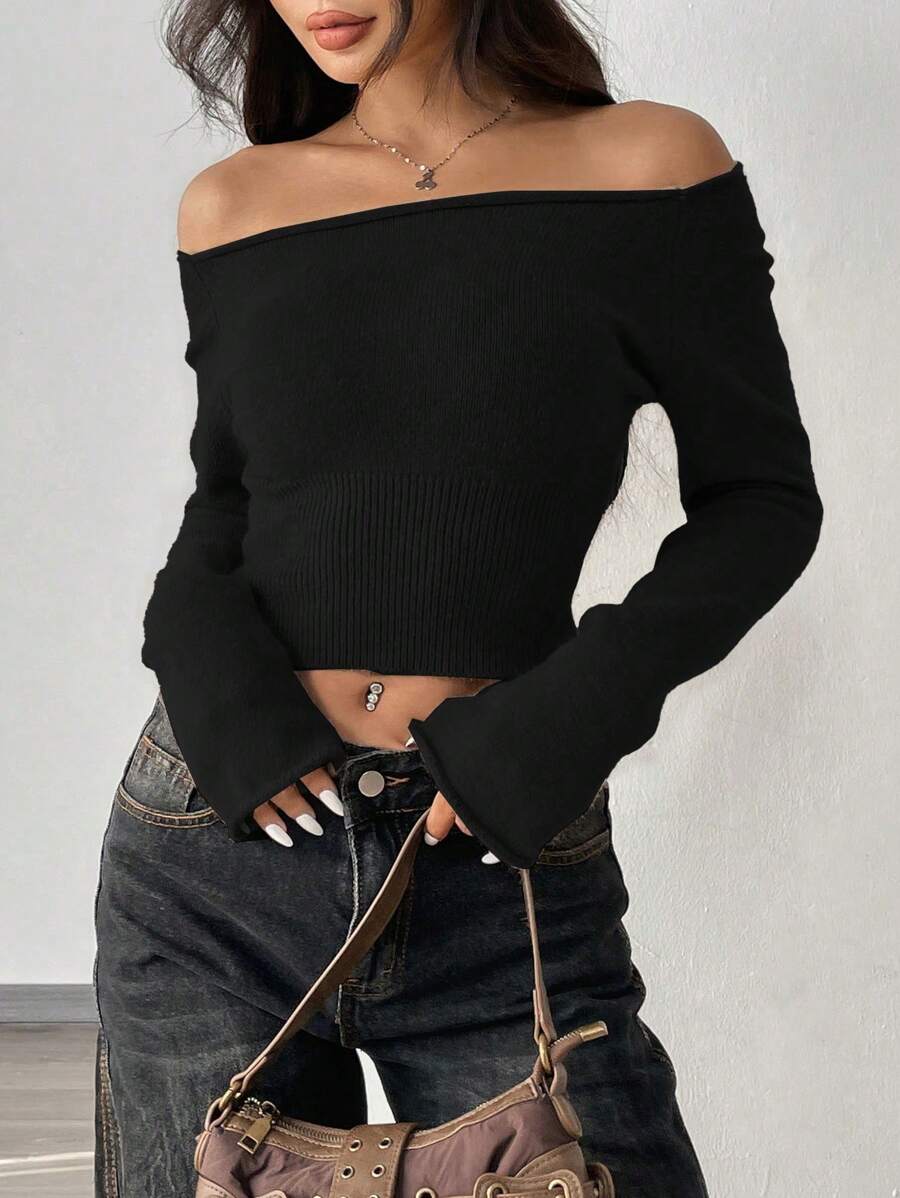 SHEIN Unity Casual Solid Color Off Shoulder Sweater, Autumn Knit Pullover Fall Winter - Black - View 1