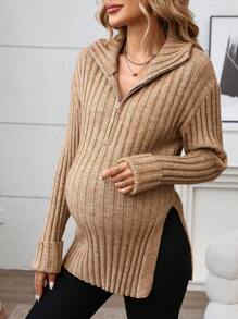 SHEIN Maternity Casual Zip-Up Ribbed Knitted Long Cardigan, Autumn/Winter - Camel - View 4