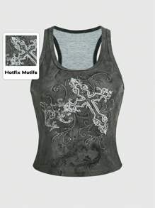 ROMWE Grunge Punk Parte superior de tirantes con estampado teñido y cruzado con rhinestones, escolar - Gris - Ver 1