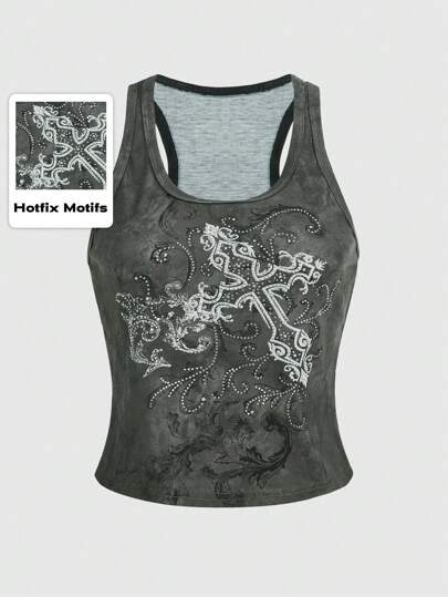 Grunge Punk Tie Dye Cross Rhinestone Tank Top, School