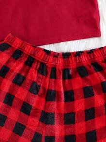 SHEIN Tween Girl 2pcs Christmas Simple Cozy V-Neck Camisole & Plaid Pattern Reversible Flannel Shorts Comfy Sleepwear Set