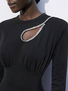 Maija Women's Rhinestone Decor Pleated Round Neck Long Sleeve Knit Short Dress,Black And Silver,Autumn,Elegant,Night Out Urban Fashion Solid Color Casual - Black - View 3