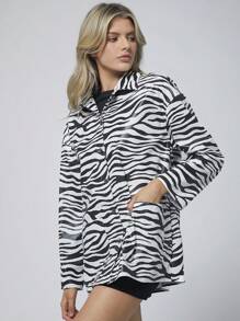 Easelle Zebra Print Batwing Loose Faux Leather Women's Jacket - Black - View 5