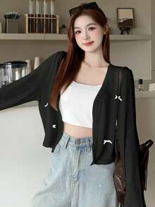 DAZY 女士蝴蝶结装饰镂空长袖夹克 - 黑色 - 查看 2