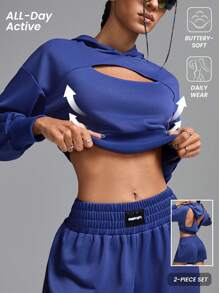 Innovista 女士两件套纯色镂空简约连帽卫衣和短裤运动套装，女童运动服套装秋季、网球、高尔夫、健身、日常休闲、跑步、秋季女装、返校、秋冬女装、运动服 - 藍色 - 查看 2