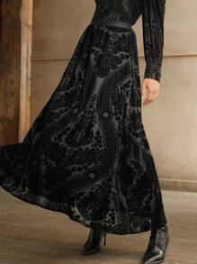 Anewsta Women's Autumn Flared Flocked A-Line Skirt, Everyday Wear - Black - View 1
