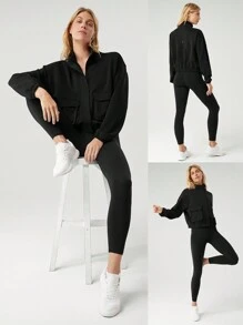 GLOWMODE 莫代尔羊毛保暖弹力宽松工装夹克，带侧袋，日常休闲冬季 - 黑色 - 查看 8