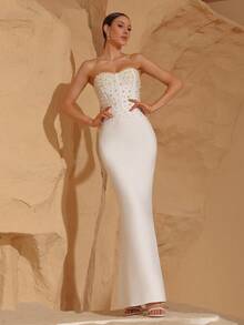 Nuevo vestido de novia blanco con perlas sin tirantes, vestido formal para fiesta de vacaciones, vestido de invitada de boda - Blanco - Ver 4