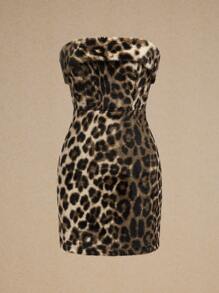 Poéselle 秋季新款动物豹纹抹胸连衣裙性感短款包臀连衣裙节日服装露肩连衣裙圣诞节返校节连衣裙秋季女装虎纹棕色连衣裙 - 咖啡 - 查看 1