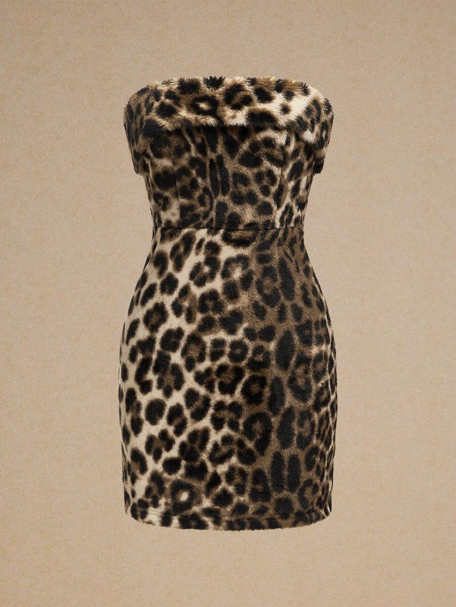 Poéselle 秋季新款动物豹纹抹胸连衣裙性感短款包臀连衣裙节日服装露肩连衣裙圣诞节返校节连衣裙秋季女装虎纹棕色连衣裙 - 咖啡 - 查看 1