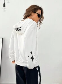SHEIN EZwear 女士休闲字母印花抽绳连帽运动衫，春秋季 - 白色 - 查看 2