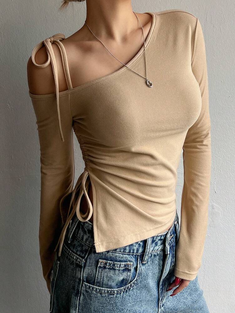 Women's Solid Color Lace-Up Open Shoulder Fashionable Spring/Autumn T-Shirt Long Sleeve Women Tops