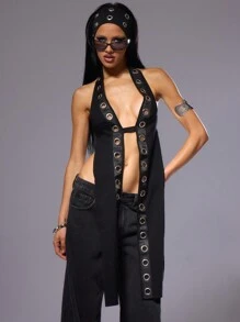 MUSERA Top de verano Ibiza sin espalda con escote halter y ojales de estilo largo