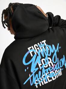 Manfinity VCAY Men's Loose Printed English Text Hooded Sweater - Black - View 3