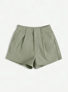 SHEIN Essnce 纯色休闲编织短裤，带口袋，夏季 - 橄欖綠 - 查看 3