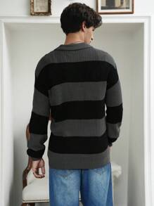 Manfinity Roghcode 男士休闲拼色条纹毛衣，春季和秋季 - 彩色 - 查看 2