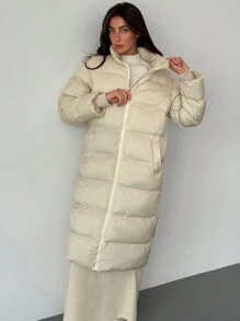 Aloruh Minimalist Commuter Apricot Long Sleeve Wind Resistant Warm Stand Collar Long Women Winter Coat - Apricot - View 8