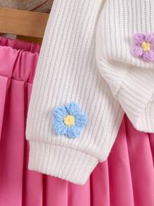 2 Peças Conjunto de Jaqueta de Malha Casual e Saia com Estampa Floral para Menina Jovem, Conjunto de Outono