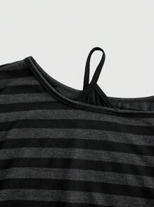 ROMWE Camiseta grande listrada vintage preta e cinza com bainha assimétrica em estilo grunge punk - Preto - Ver 4