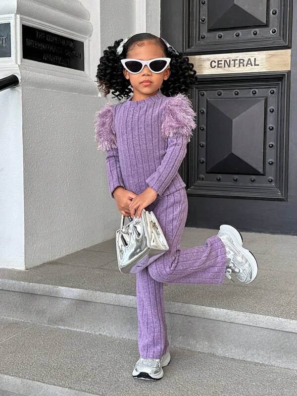 SHEIN 2 pièces Ensemble de t-shirt casual à col montant ajusté tricoté unicolore pour jeune fille et pantalon casual évasé ajusté tricoté