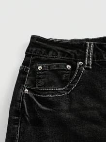 ROMWE Goth Women's Rhinestone Embroidered Wing Flared Casual Low Waist Jeans - Black - View 2