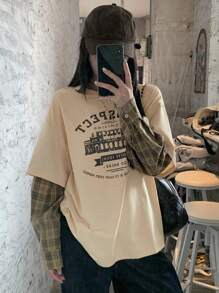 DAZY Women's Loose Round Neck Short Drop Shoulder Casual Slogan Print T-Shirt, Summer,Graphic Tees