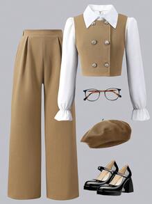 Conjunto Elegante para Meninas Pré-Adolescentes: Colete Branca de Manga Longa com Gola + Colete de Abotoamento Duplo + Calça