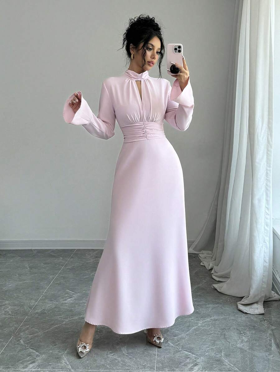 Selianne 女士优雅荷叶边领喇叭袖收腰纯色工作连衣裙 - 粉色 - 查看 1