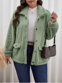 SHEIN Frenchy 秋冬大码纯色前扣长袖口袋休闲夹克 - 綠色 - 查看 6