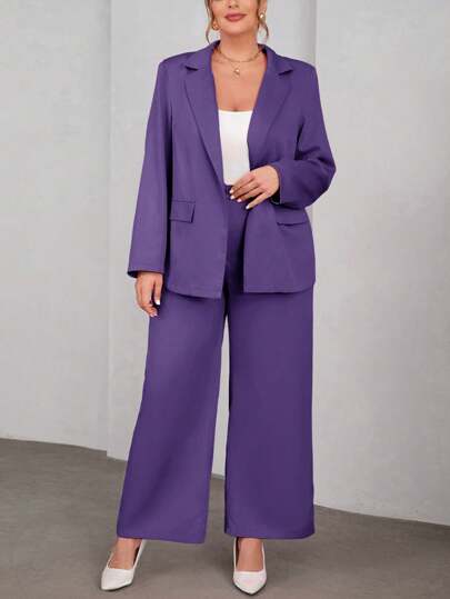 SHEIN Privé Plus Size Women Solid Color Notched Collar Long Sleeve Jacket And Wide Leg Pants Elegant Suit Set, Spring Autumn