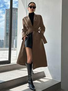 DAZY 1件女士纯色口袋系带腰部休闲长袖风衣外套，秋季女装女式外套 - 摩卡棕 - 查看 3