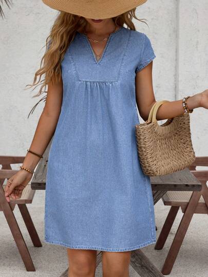 EMERY ROSE 女士 V 领短袖宽松牛仔休闲连衣裙