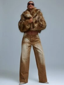 MUSERA Acid Wash Straight Leg Studded Panel Jeans Spring 90's Cute Summer Festival Native Renaissance Concert - Brown - View 1