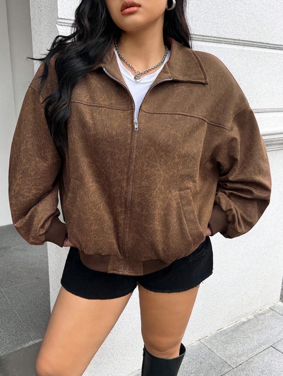 SHEIN EZwear Plus Size Women's Fashionable Brown Jacket For Autumn, Fall Clothes - Rust Brown - View 1