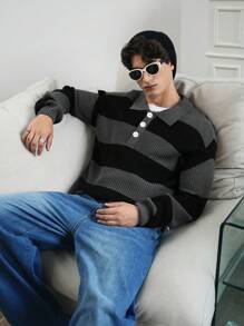 Manfinity Roghcode 男士休闲拼色条纹毛衣，春季和秋季 - 彩色 - 查看 5