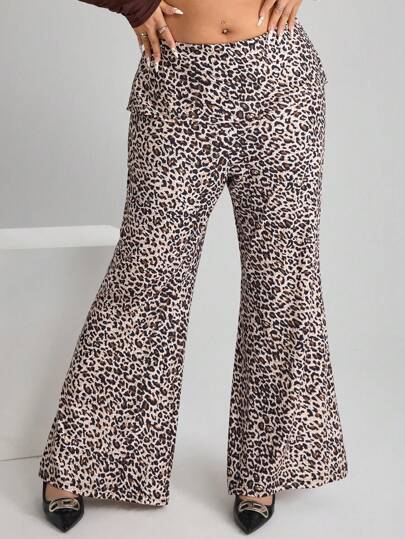 SHEIN ICON Pantalones de pierna ancha de punto con estampado de leopardo para mujer de talla grande ICON