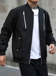 Manfinity Homme Men's Casual Zip-Front Long Sleeve Loose Fit Baseball Jacket, Spring & Fall - Black - View 6